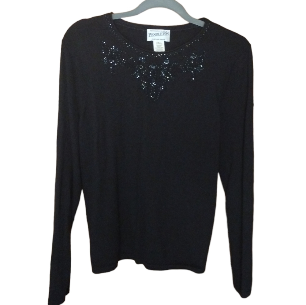Pendleton Women's Vintage 100% Merino Wool Black Sweater with Bead Detail